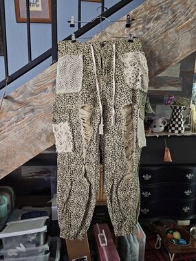 POL Leopard Print Cargo Joggers with Crochet Patches - Beige/Black